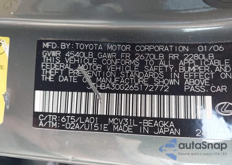 2006 Lexus Es 330 из США, поврежденный, VIN JTHBA30G265172772